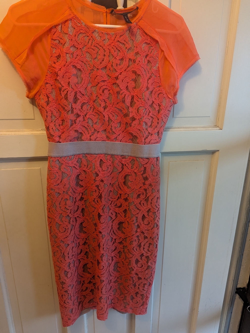 Women's Coral Lace Sheath Dress with Cap SleevesBCBG MAXAZRIA
